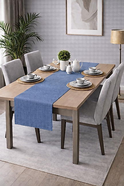 PerdeYap Kadife Dokulu Açık İndigo Renk Ada Serisi Runner 40 x 140 cm