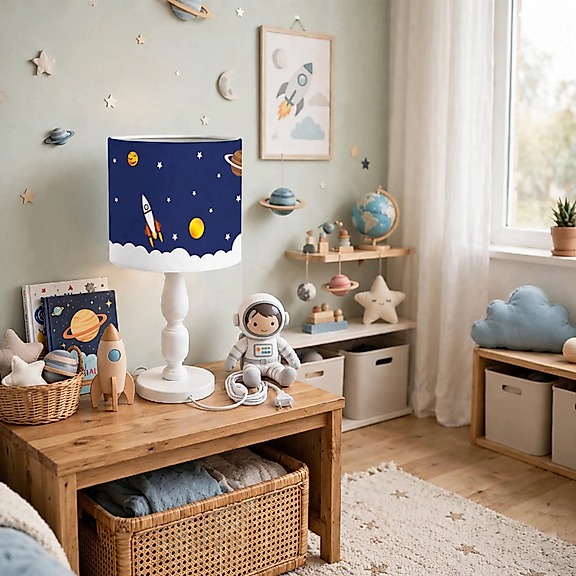 Minibabyrooms Uzay ve Seksek Desenli Ahşap Oyma Ayak Abajur