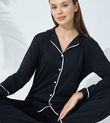 Siyah İnci Siyah-beyaz Pamuklu Düğmeli Biyeli Pijama Takım