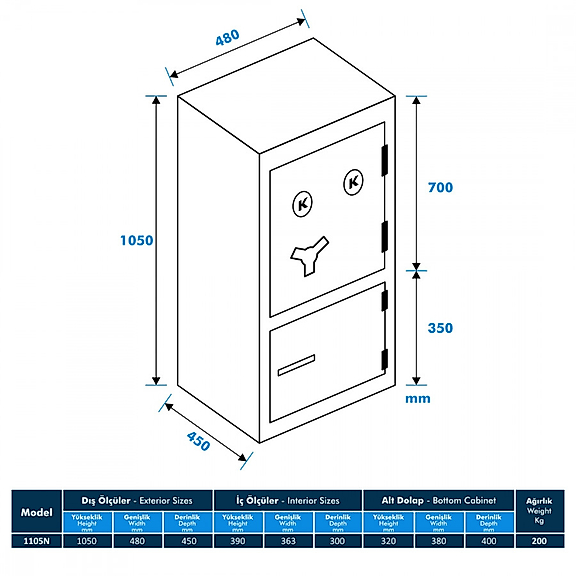 Model 1105N-KK Ofis Tipi Çelik Kasa