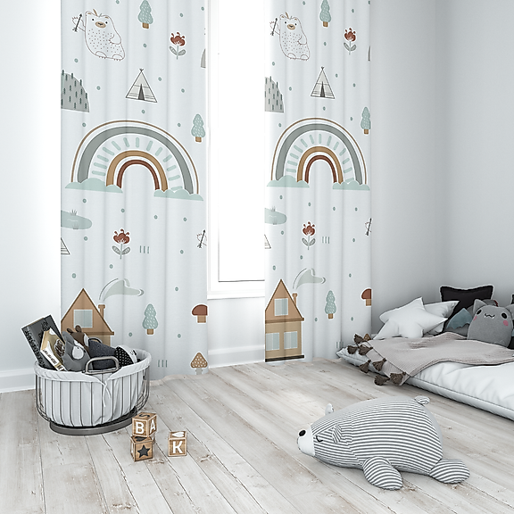 Minibabyrooms Seksek Gökkuşağı Desenli Fon Perde