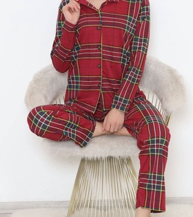 Önü Düğmeli Pijama Takımı Karelikırmızı - 150.1287.