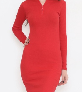 Yarım Fermuarlı Elbise Kırmızı - 12185.1567.