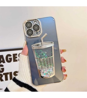 iPhone Kamera Koruma Gümüş Lensli Bardak Kabartmalı Sulu Simli Kılıf