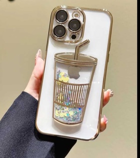 iPhone Kamera Koruma Lensli Gold Bardak Kabartmalı Sulu Simli Kılıf