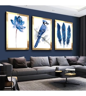 Mavi Renk Kuş Çiçek Gold Pleksi Kenar 3'lü Mdf Tablo Seti