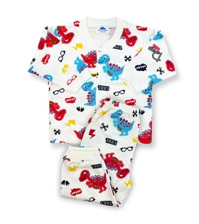 Sema Baby Sevimli Dino Bebek Pijama Takımı 6-9 Ay ( Kırmızı - Mavi )