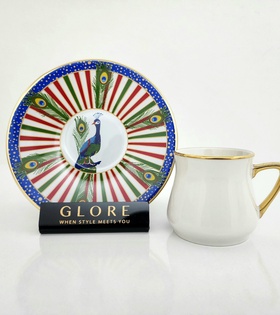 Tavus Kuşu Altın Yaldızlı Kahve Fincan Takımı (2 Kişilik)
