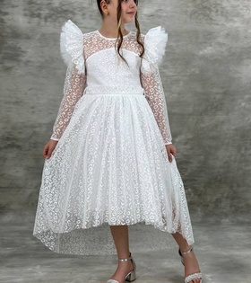 Melek Model Leopar Desen Dantelli Tarz Beyaz Çocuk Abiye Mezuniyet Elbisesi ABY998