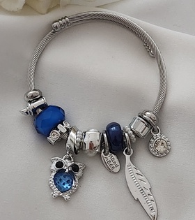 Mavi Baykuş Celik Charm Bileklik(Gümüş)