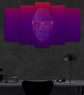 TABLO Renkli, Gözlüklü Goril - 5 Parçalı Dekoratif Tablo