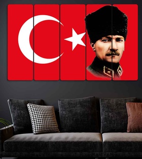 TABLO Mustafa Kemal Atatürk, Türk Bayrağı - 5 Parçalı Dekoratif Tablo