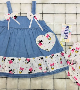 6-18 Aylık Mickey ve Duck Desenli Kot Jile Elbise