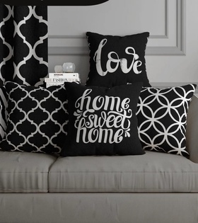 Siyah Zemin Üzerine Love - Home Sweet Home Desenli 4lü Dijital Baskılı Kırlent Yastık Kılıfı 43x43 Cm 025