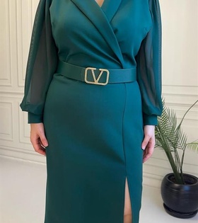 Şifon Kol Kemerli Kruvaze Elbise-Yeşil
