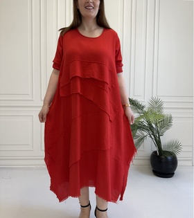 Krinkıl Keten Salaş Model Elbise-Kırmızı