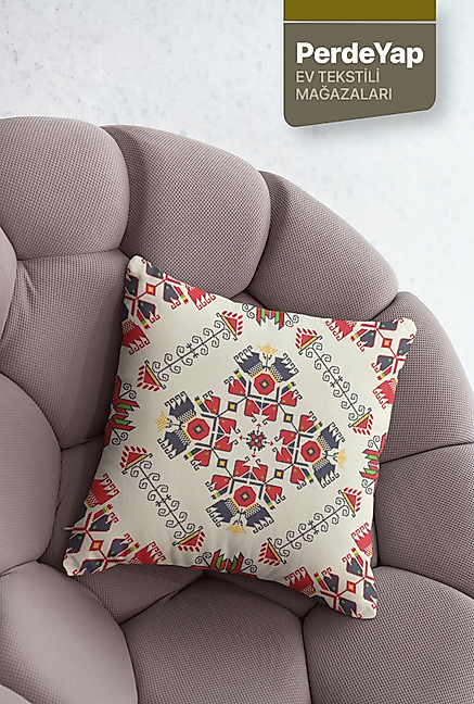 Otantik Kilim İşlemeleri Desenli 4lü Dijital Baskılı Kırlent Kılıfı 43 x 43 Cm Krem-Kırmızı 043