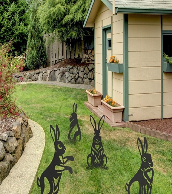 4'lü Set Metal Tavşanlar Bahçe Süsü, Bahçe Dekoru