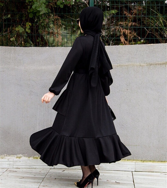Gülsüm Aydın Volan Katlı Özel Gün Elbisesi-siyah