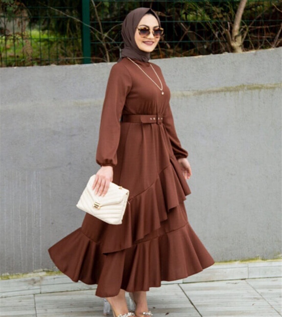 Gülsüm Aydın Volan Katlı Özel Gün Elbisesi-Kahverengi