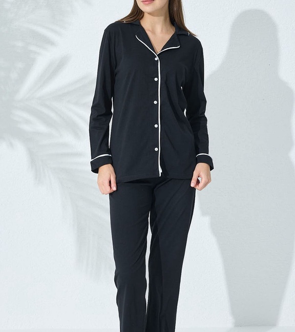 Siyah İnci Siyah-beyaz Pamuklu Düğmeli Biyeli Pijama Takım