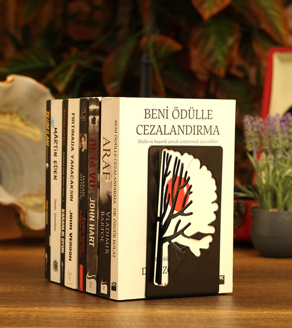 Ağaç Desenli Kitap Desteği - Ev Ve Ofis Dekoratif Estetik Kitap Tutucu 2'li Set Siyah