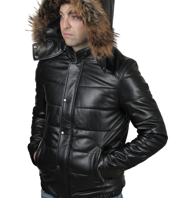 AsyaClub Perez Hakiki Deri Erkek Siyah Natural Kürk Kapüşonlu Ceket