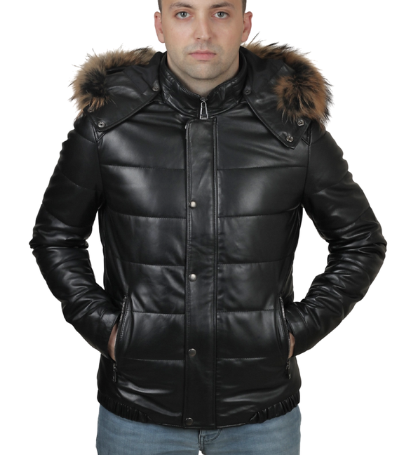 AsyaClub Perez Hakiki Deri Erkek Siyah Natural Kürk Kapüşonlu Ceket