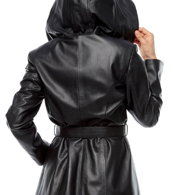 AsyaClub Taina Hakiki Deri Kadın Siyah Kapüşonlu Ceket