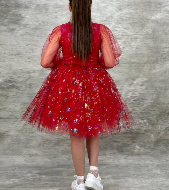 Işıltılı Kartanesi Desenli Kırmızı Çocuk Abiye Elbise ABY980