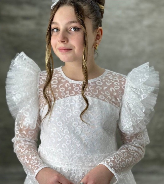 Melek Model Leopar Desen Dantelli Tarz Beyaz Çocuk Abiye Mezuniyet Elbisesi ABY998
