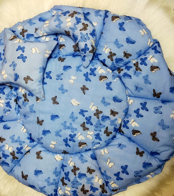 Yuvarlak 3 Parça Anne Yanı Yatak Mavi Renk Kelebek Desenli