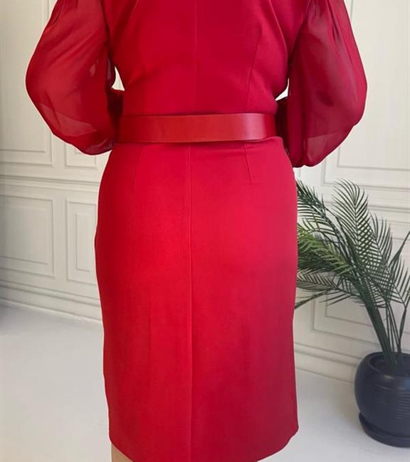 Şifon Kol Kemerli Kruvaze Elbise-Kırmızı