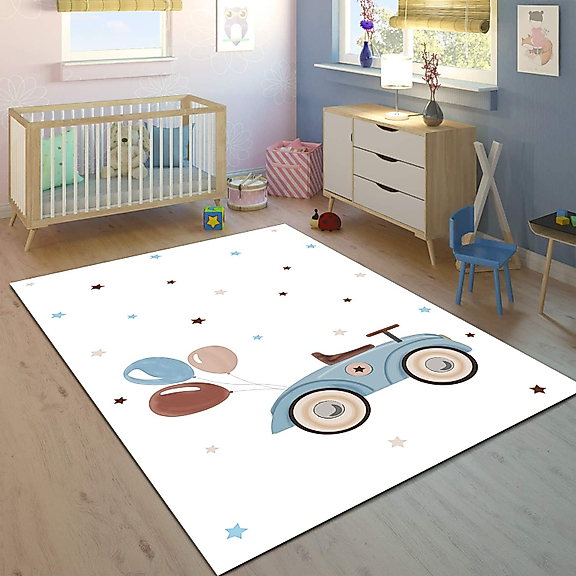 Minibabyrooms Klasik Araba ve Balonlar Desenli 8 mm Kalınlıkta Çocuk Odası Halısı