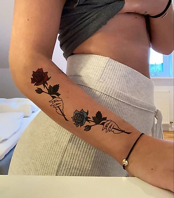 Kırmızı Gül ve Mavi Gül Dövmesi Ense, Göğüs, Bilek, Kol, Bacak, Boyun, Sırt Geçici Dövme, Tattoo