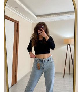 Yüksek Bel Buz Mavi Mom Jeans