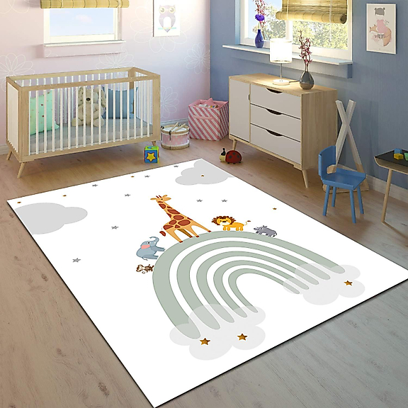 Minibabyrooms Gökkuşağı va Orman Hayvanları Desenli 8 mm Kalınlıkta Çocuk Odası Halısı