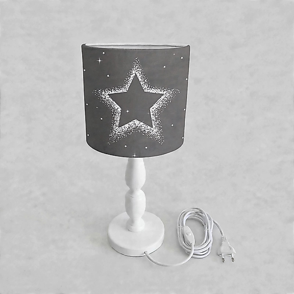 Minibabyrooms Gri Parlak Yıldız Desenli Ahşap Oyma Ayak Abajur