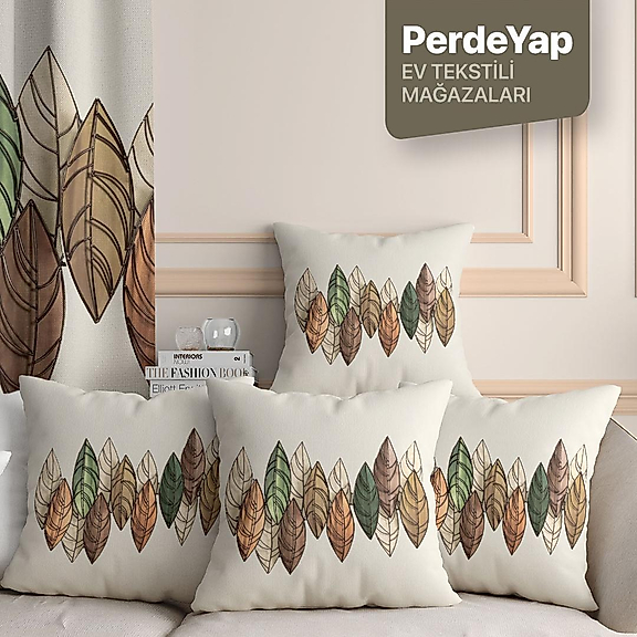 Sonbahar Yaprakları Desenli Dijital Baskılı 4'lü Kırlent Kılıfı - 43x43 Cm Bej-kahverengi 059