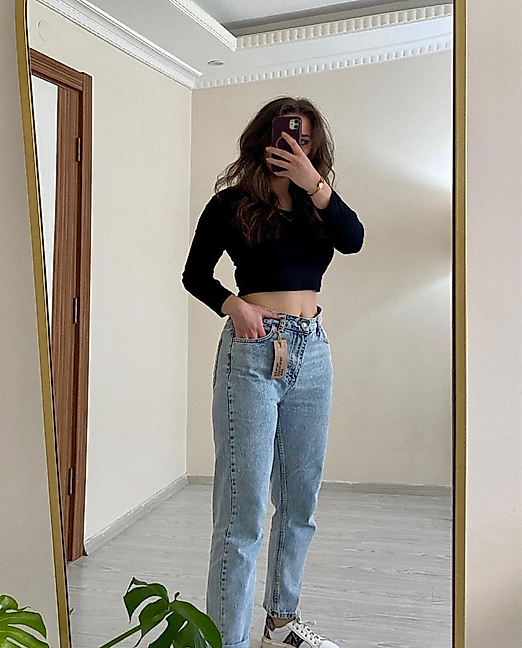 Yüksek Bel Buz Mavi Mom Jeans