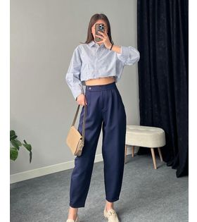 Beli Pileli Paça Düğme Detaylı Kadın Pantolon