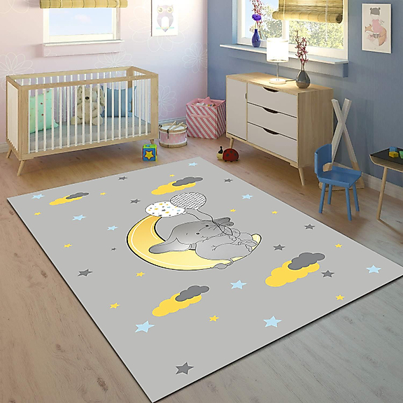 Minibabyrooms Ayda Fil ve Balonlar Desenli 8 mm Kalınlıkta Çocuk Odası Halısı