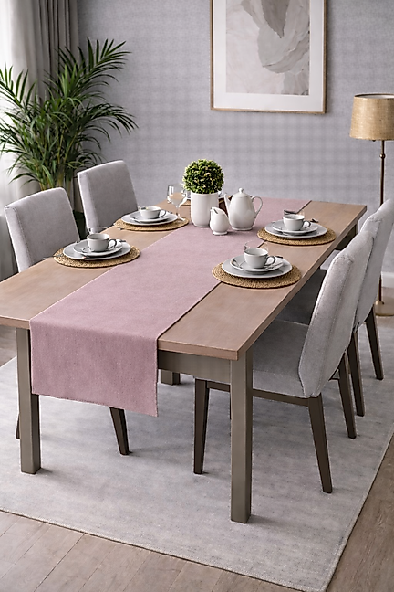 PerdeYap Kadife Dokulu Pudra Renk Ada Serisi Runner 40 x 140 cm