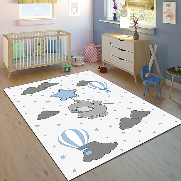 Minibabyrooms Fil ve Mavi Yıldız Desenli 8 mm Kalınlıkta Çocuk Odası Halısı