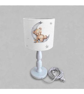Minibabyrooms Ayda Uyuyan Ayıcık Beyaz Zemin Desenli Ahşap Oyma Ayak Abajur