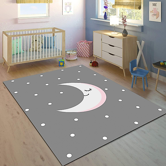 Minibabyrooms Gri Ay ve Yıldızlar Desenli 8 mm Kalınlıkta Çocuk Odası Halısı