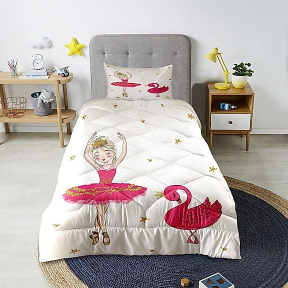 Minibabyrooms Pembe Balerin Kız ve Kuğu Desenli Kapitone Yorgan