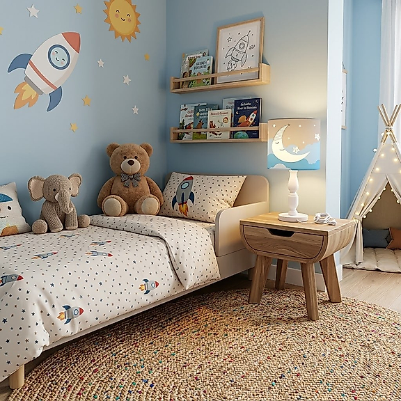 Minibabyrooms Mavi Ay ve Yıldızlar Desenli Ahşap Oyma Ayak Abajur