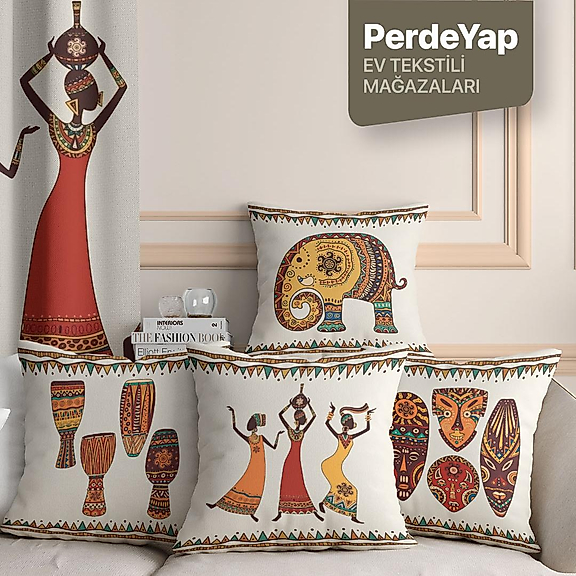 Afrika Sanatı Motifleri Desenli 4lü Dijital Baskılı Dekoratif Kırlent Kılıfı 43 X 43 Cm Bej 050