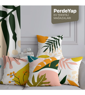 Tropikal Orman Çiçekleri Desenli 4lü Dijital Baskılı Kırlent Yastık Kılıfı Krem 43x43 Cm 034